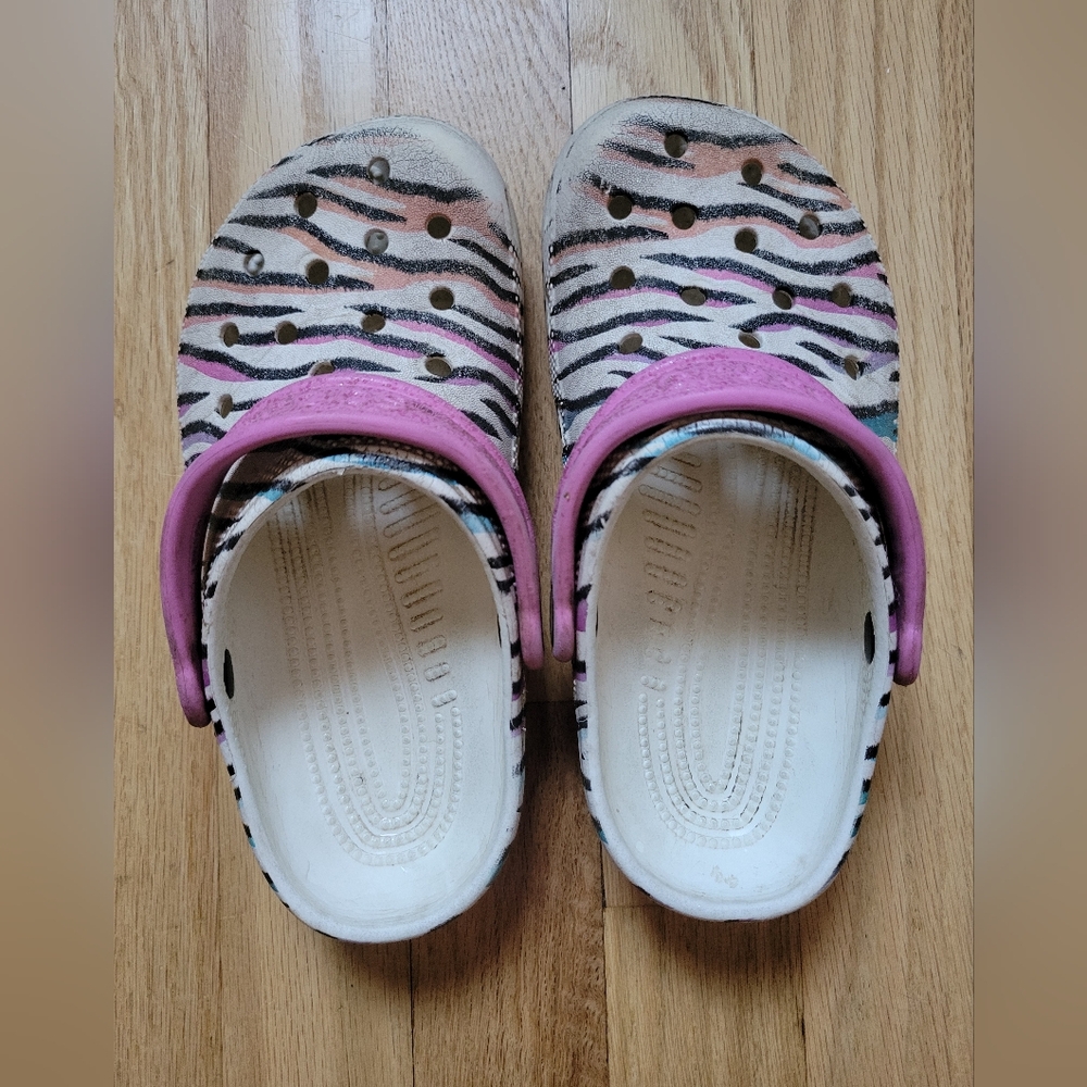 Size 1 Zebra Striped Crocs